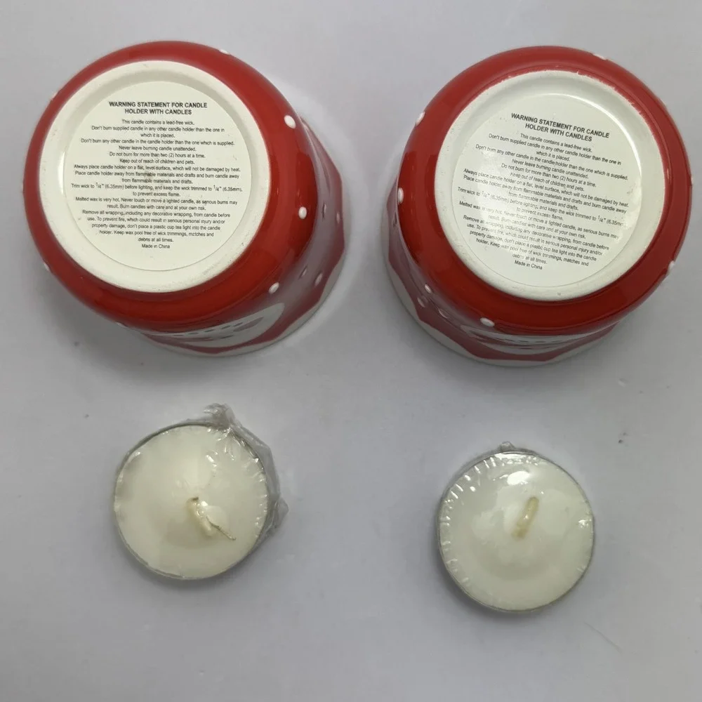 Jolly Snowman Tea Light Candle Holders Set/2 Red White Ceramic Holiday Decor NEW